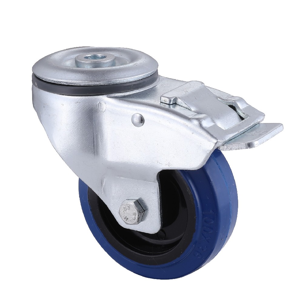 Best Supplier Industrial Bolt Hole Blue Elastic Rubber Castors with Total Brake