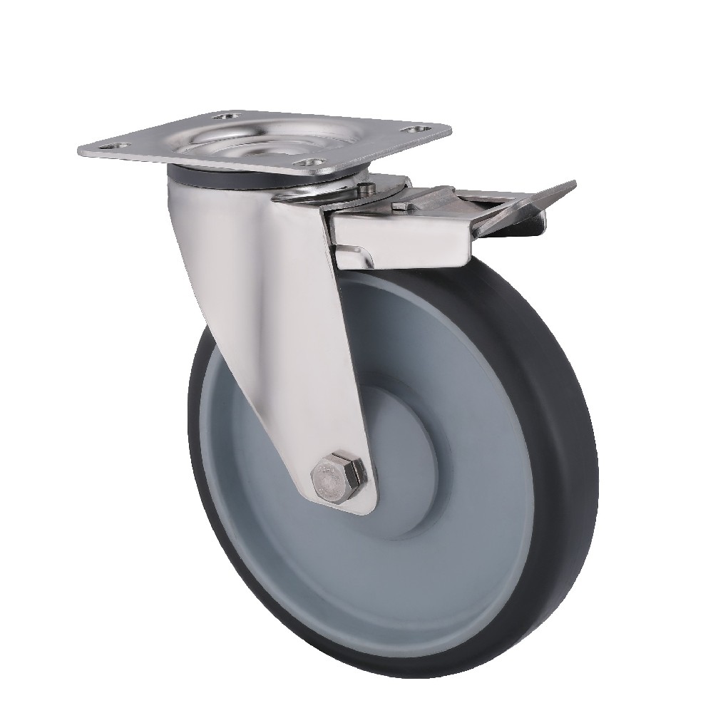 Stainless Steel Grey Thermoplastic Rubber Swivel Castor Wheels with Total Lock in Stock