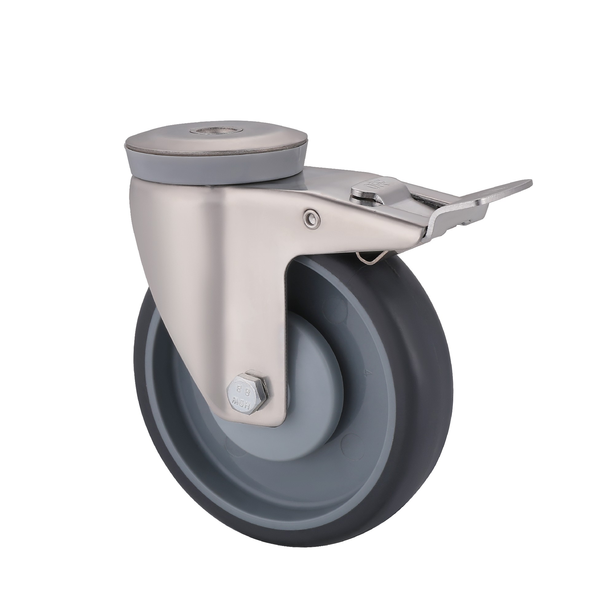 Stainless Steel Grey Thermoplastic Rubber ф16.8 Bolt Hole Castor Wheels with Total Brake diameter 100mm to 200mm load capacity 100kg to 250kg for trolley