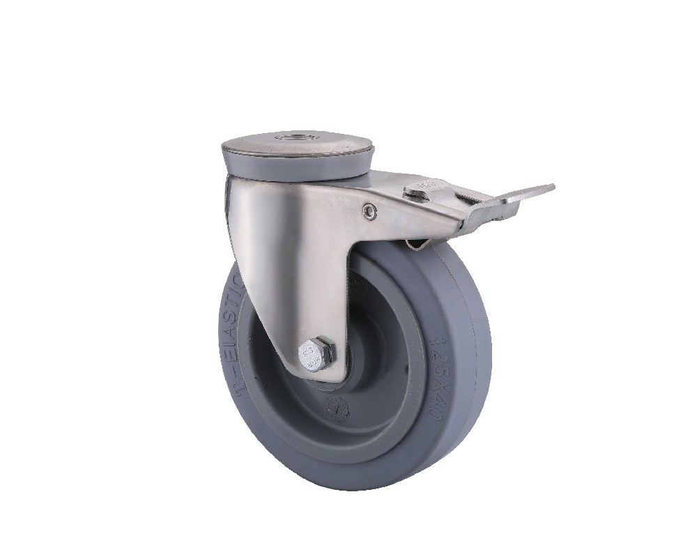Stainless Steel Bolt Hole Grey Elastic Rubber Castors with Brake Load 160 to 300kg