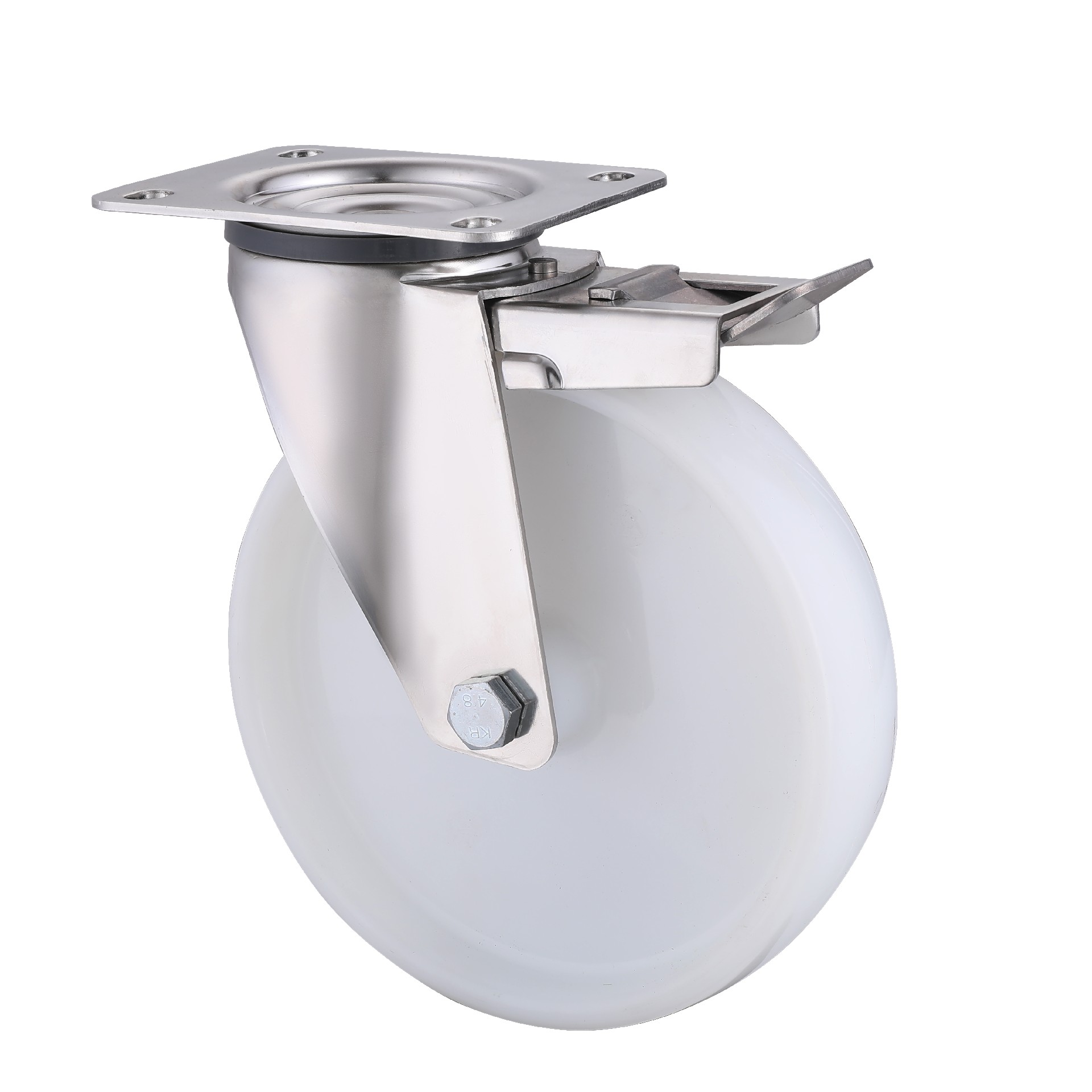 Stainless Steel 360°c Rotation White Polyamide Castors with Total Brake diameter 80mm to 200mm load capacity 150kg to 300kg for utility cart