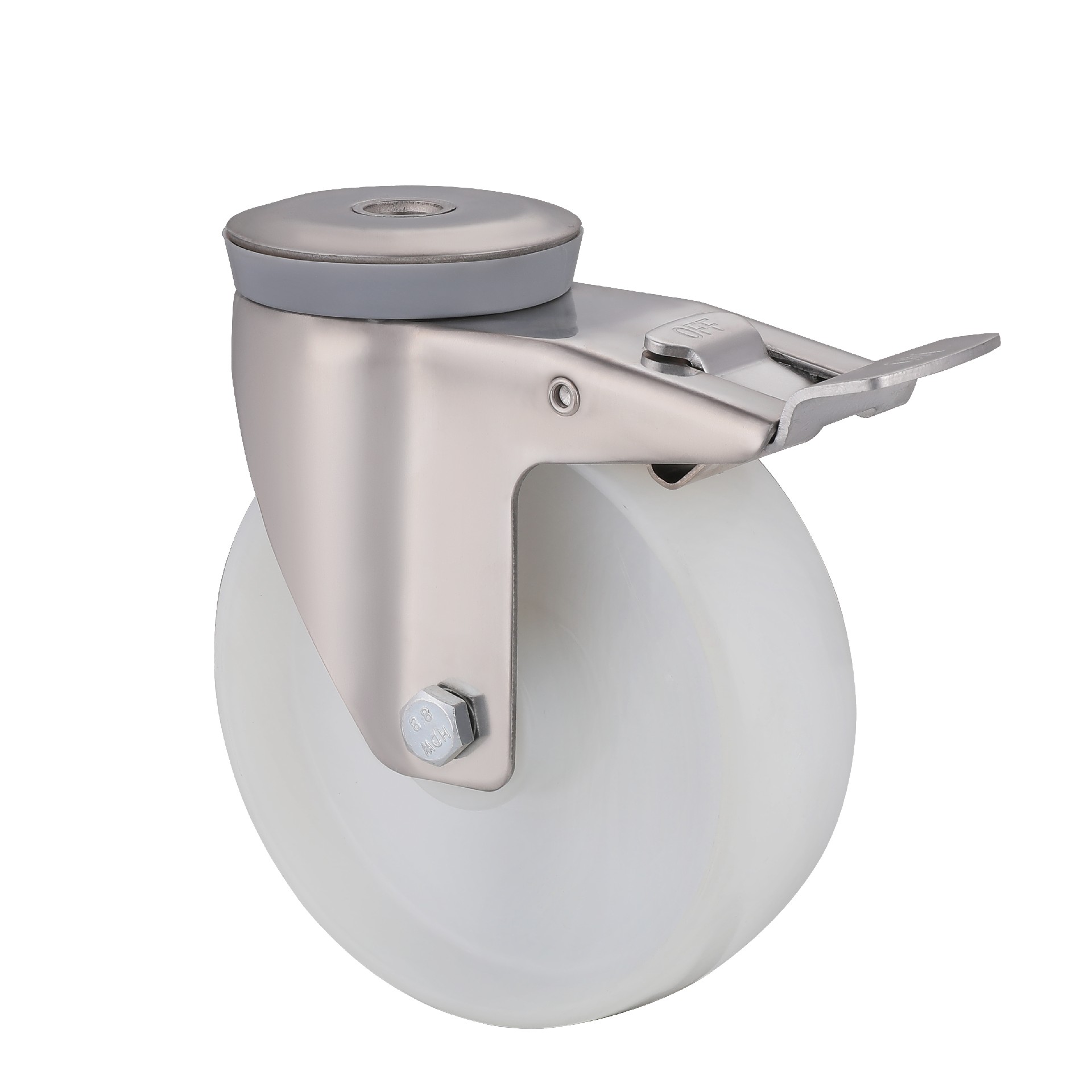 Stainless Steel White Polyamide Bolt Hole Castor Wheels with Total Brake diameter 80mm to 200mm load capacity 150kg to 300kg fast delivery for Welding Table