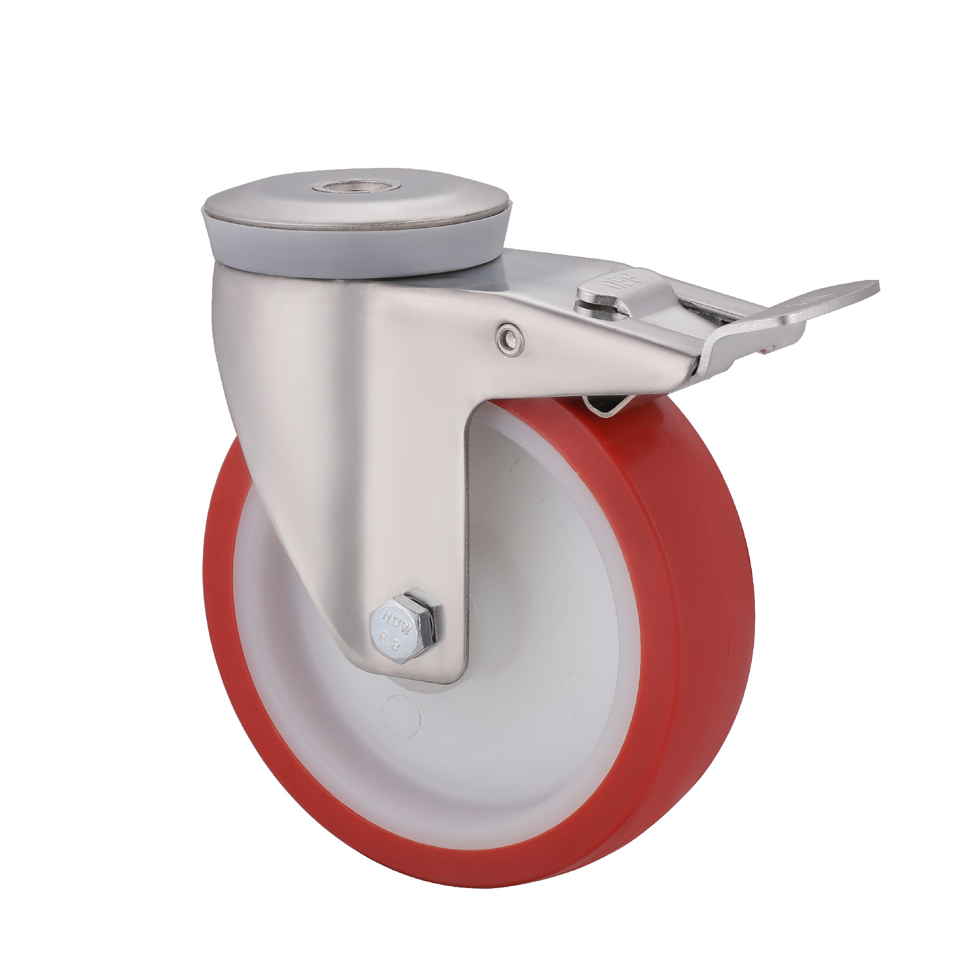 stainless steel red thermoplastic polyurethane bolt hole castors with total brake diameter 80mm to 200mm load capacity 120kg to 300kg in stock for trolley L&K supplier